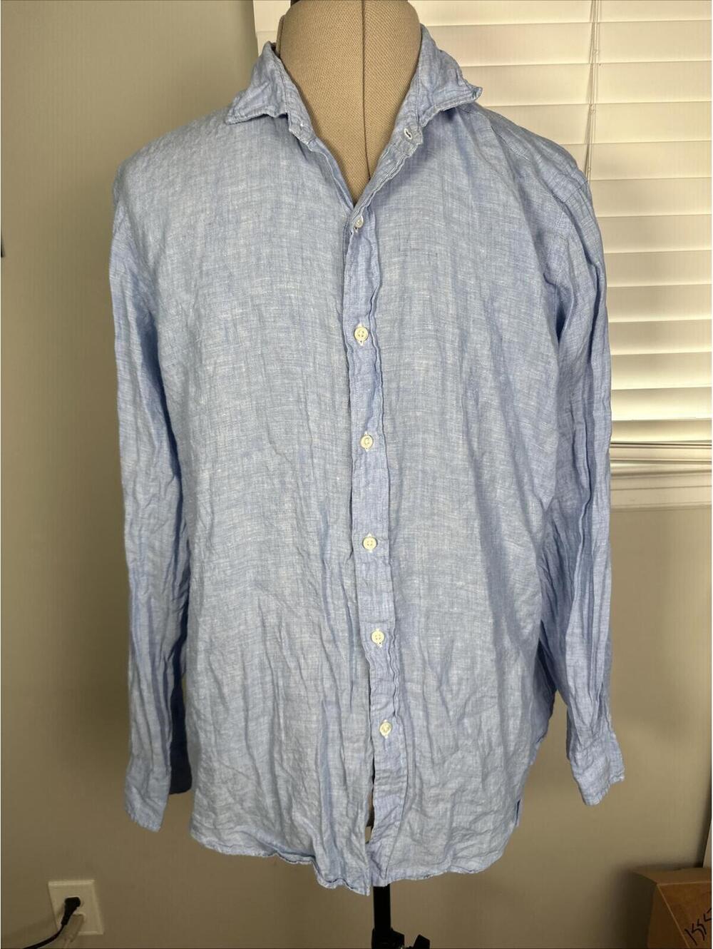 Polo Ralph Lauren Mens XL 100% Linen Cotton Blue Button Down Shirt Made In India